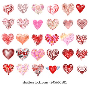 Set of 30 vector hearts, different styles.