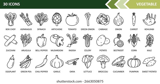 Un conjunto de 30 iconos de líneas vegetales que incluyen tomate, repollo, zanahoria y más. Perfecto para etiquetas, empaques, Diseños web, Anuncios de alimentos e impresiones artísticas con un estilo minimalista y limpio.