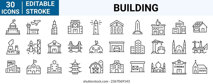 Set von 30 Web-Icons Gebäude im Linienstil. Flughafen, Büro, Hotel, Krankenhaus, Versicherung, Stadthaus, Einkaufszentrum, Kaffee, ... Vektorgrafik.