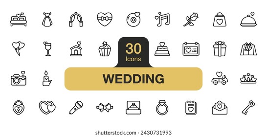 Set of 30 Wedding icon element set. Includes love, ring, cake, rose, candle, crown, and More. Outline icons vector collection.