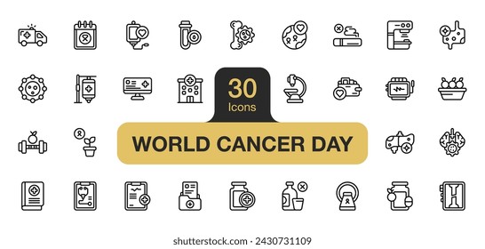 Set of 30 World cancer day icon element sets. Includes medical records, cancer, vitamins, no drinking, medical check, and More. Outline icons vector collection.