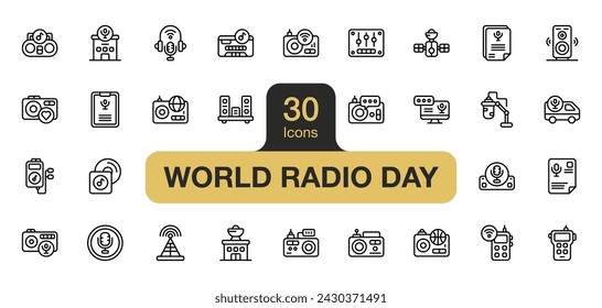 Set of 30 World radio day icon element sets. Includes live, on air, speaker, radio station, cassette, equalizer, radio transmitter, music album, and More. Outline icons vector collection.