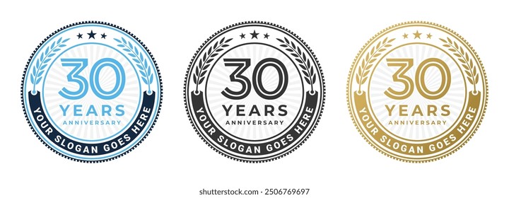 Conjunto de ilustración de diseño de círculo de logotipo de 30 años aislado en colores azul, negro y oro