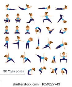 set of 30 yoga poses. The girl performs exercises asanas. Vector