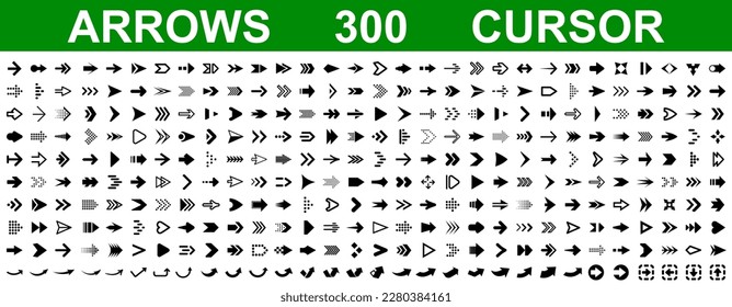 Establecer 300 iconos de flecha, recolectar el signo de las diferentes flechas, establecer diferentes símbolos de dirección de flecha del cursor en estilo plano, iconos de flechas negras - vector de stock