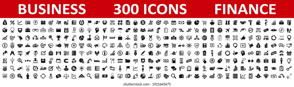 Set of 300 Business icons. Business and Finance web icons isolated. Money, contact, bank, check, law, auction, exchange, payment, wallet, deposit, piggy, calculator, coin and many more - vector