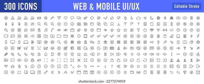 Set of 300 Interface ui, ux web icons in line style. User, profile, message, mobile app, document file, social media, button, home, chat, arrow, collection. Vector illustration.