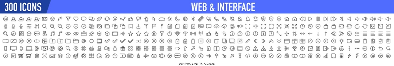 Set of 300 Interface ui, ux web icons in line style. User, profile, message, mobile app, document file, social media, button, home, chat, arrow, collection. Vector illustration.