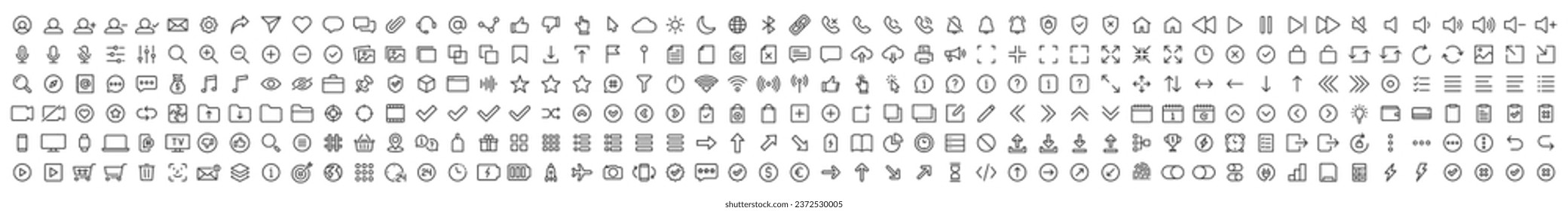 Set of 300 Interface ui, ux web icons in line style. User, profile, message, mobile app, document file, social media, button, home, chat, arrow, collection. Vector illustration.