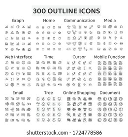 Set of 300 outline icons : graph ,home ,communication ,media ,web interface ,time ,cursor ,mobile function ,email ,tree ,online shopping ,document