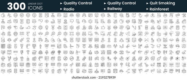 Set of 300 thin line icons set. In this bundle include quality control, quit smoking, radio, railway, rainforest