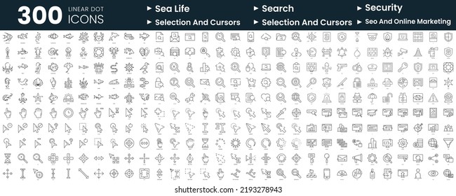 Set von 300 Thin-Line-Symbolen. In diesem Paket sind Seebäder, Suche, Sicherheit, Auswahl und Kursgeber, Seebügel und Online-Marketing