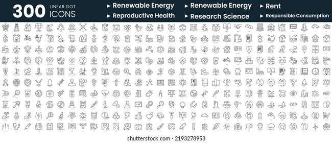 Set Of 300 Thin Line Icons Set. In This Bundle Include Renewable Energy, Rent, Reproductive Health, Research Science, Responsible Consumption