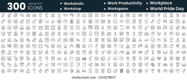 Set of 300 thin line icons set. In this bundle include workaholic, workplace, workshop, workspace, world pride day