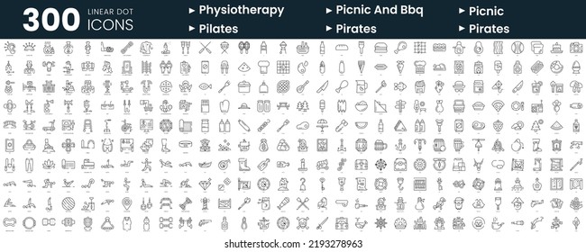 Conjunto de 300 iconos de línea delgada. En este paquete se incluyen fisioterapia, picnic y bbq, picnic, pilates, piratas