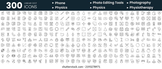 Set of 300 thin line icons set. In this bundle include phone, photo editing tools, photography, physics, physiotherapy