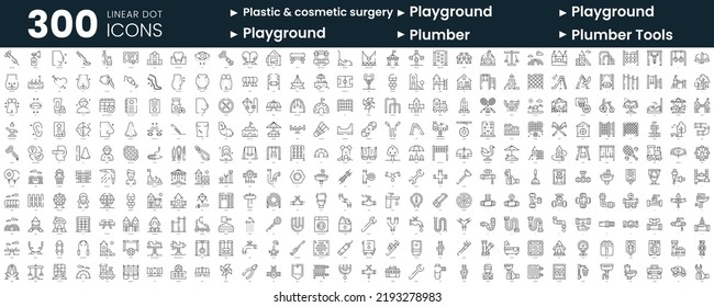 Set of 300 thin line icons set. In this bundle include plastic and cosmetic surgery, playground, plumber, plumber tools