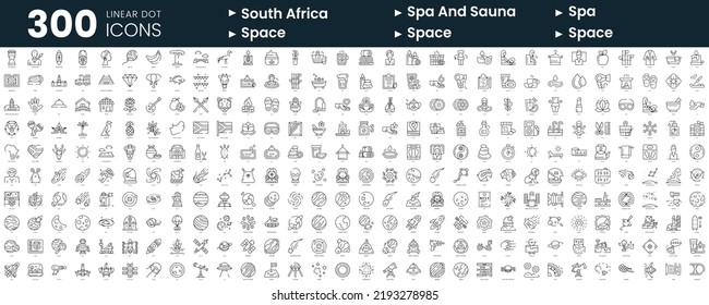 Conjunto de 300 iconos de línea delgada. En este paquete se incluye sudáfrica, spa y sauna, spa, espacio