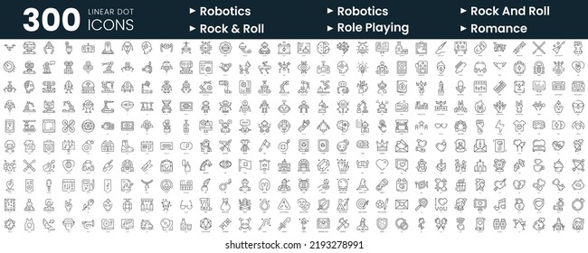 Conjunto de 300 iconos de línea delgada. En este paquete se incluyen la robótica, el rock and roll, el rock n roll, el juego de roles, el romance