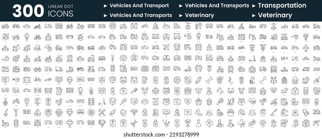 Set of 300 thin line icons set. In this bundle include vehicles and transportation, veterinary