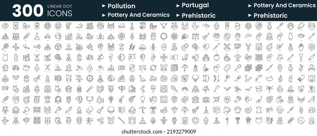 Conjunto de 300 iconos de línea delgada. En este paquete se incluye la contaminación, portugal, cerámica y cerámica, prehistórica