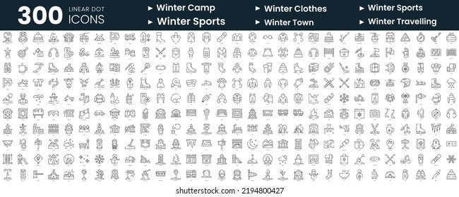 Set of 300 thin line icons set. In this bundle include winter sports, camp, clothes and accessories, town, travelling