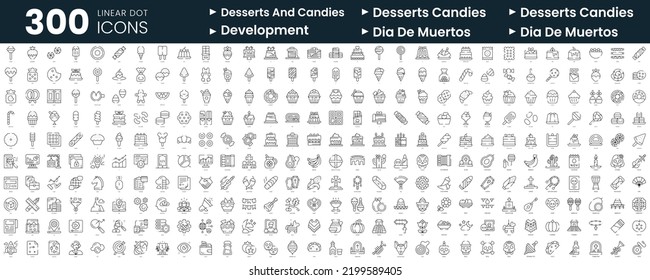 Set of 300 thin line icons set. In this bundle include desserts and candies, development, dia de muertos