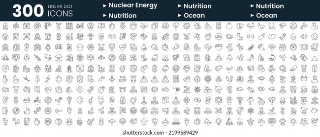 Set of 300 thin line icons set. In this bundle include nuclear energy, nutrition, ocean
