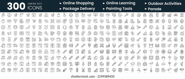 Set of 300 thin line icons set. In this bundle include online shopping, online learning, outdoor activities, package delivery, painting tools, parade