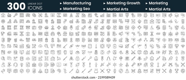 Set of 300 thin line icons set. In this bundle include manufacturing, marketing growth, marketing, marketing seo, martial arts