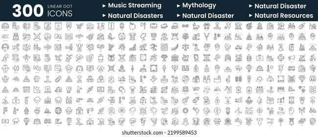 Conjunto de 300 iconos de línea delgada. En este paquete se incluyen streaming de música, mitología, desastres naturales, recursos naturales