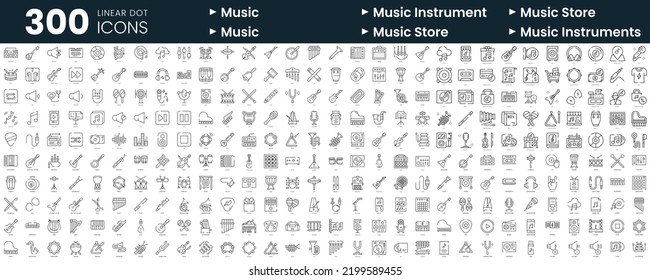 Set of 300 thin line icons set. In this bundle include music, music instrument, music store
