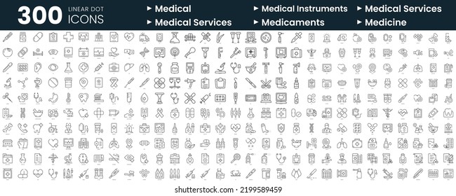 Set of 300 thin line icons set. In this bundle include medical, medical instruments, medical services, medicine