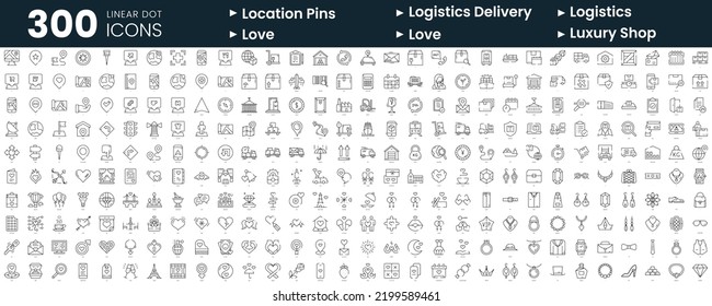 Set of 300 thin line icons set. In this bundle include location pins, logistics delivery, logistics, love, luxury shop