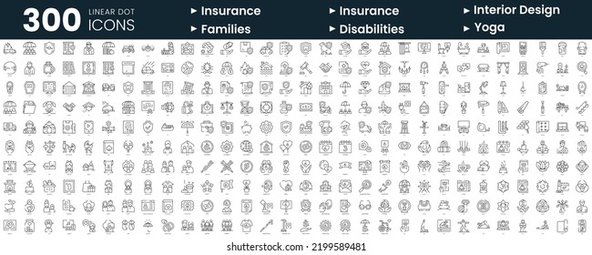 Set of 300 thin line icons set. In this bundle include insurance, interior design, international day of families, international day of persons with disabilities, international day of yoga