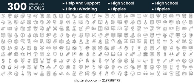 Set of 300 thin line icons set. In this bundle include help and support, high school, hindu wedding, hippies