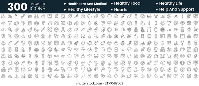 Set of 300 thin line icons set. In this bundle include healthcare and medical, healthy food, healthy life, healthy lifestyle, hearts, help and support