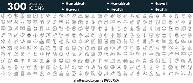 Set of 300 thin line icons set. In this bundle include hanukkah, hawaii, health