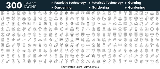 Set von 300 Thin-Line-Symbolen. In diesem Paket enthalten sind futuristische Technologie, Gaming, Gartenarbeit