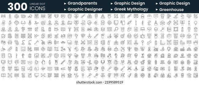 Set of 300 thin line icons set. In this bundle include grandparents, graphic design, greek mythology, greenhouse