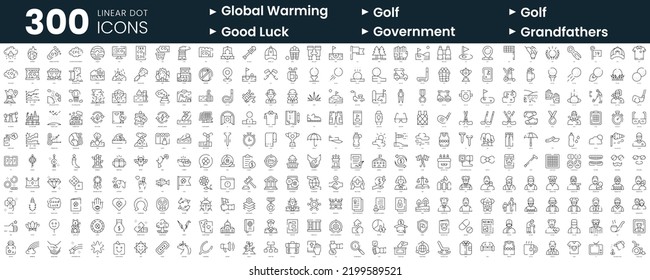 Set of 300 thin line icons set. In this bundle include global warming, golf, good luck, government, grandfathers