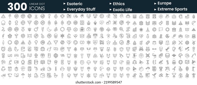 Set of 300 thin line icons set. In this bundle include esoteric, ethics, europe, everyday stuff, exotic life, extreme sports