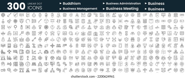 Conjunto de 300 iconos de línea delgada. En este paquete se incluyen el budismo, la administración de negocios, el negocio, la administración de negocios, la reunión de negocios