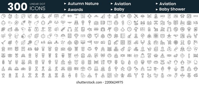 Set of 300 thin line icons set. In this bundle include autumn nature, aviation, awards, baby, baby shower