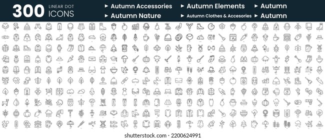 Set of 300 thin line icons set. In this bundle include autumn elements, autumn, autumn nature, autumn clothes accesories