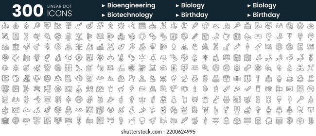 Conjunto de 300 iconos de línea delgada. En este paquete se incluyen la bioingeniería, la biología, la biotecnología, el cumpleaños