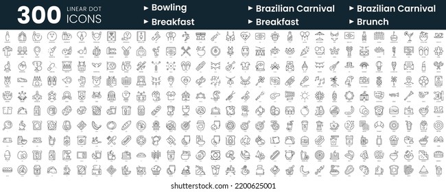 Set of 300 thin line icons set. In this bundle include bowling, brazilian carnival, breakfast, brunch
