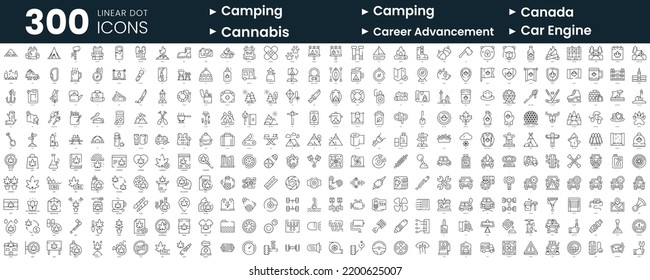 Set von 300 Thin-Line-Symbolen. In diesem Paket enthalten sind Camping, Canada, Cannabis, Automotoren, Autogarage