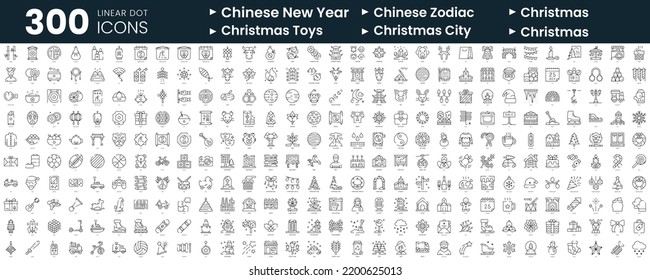 Set of 300 thin line icons set. In this bundle include chinese new year, chinese zodiac, christmas, christmas toys, christmas city