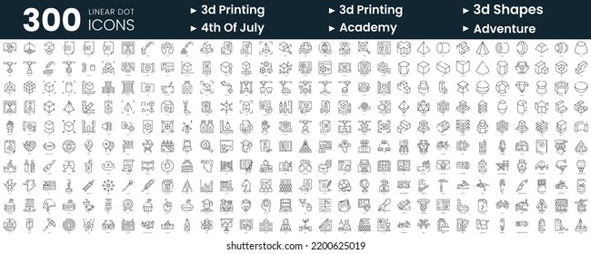 Set of 300 thin line icons set. In this bundle include 3d printing, 3d shapes, 4th of july, academy, adventure